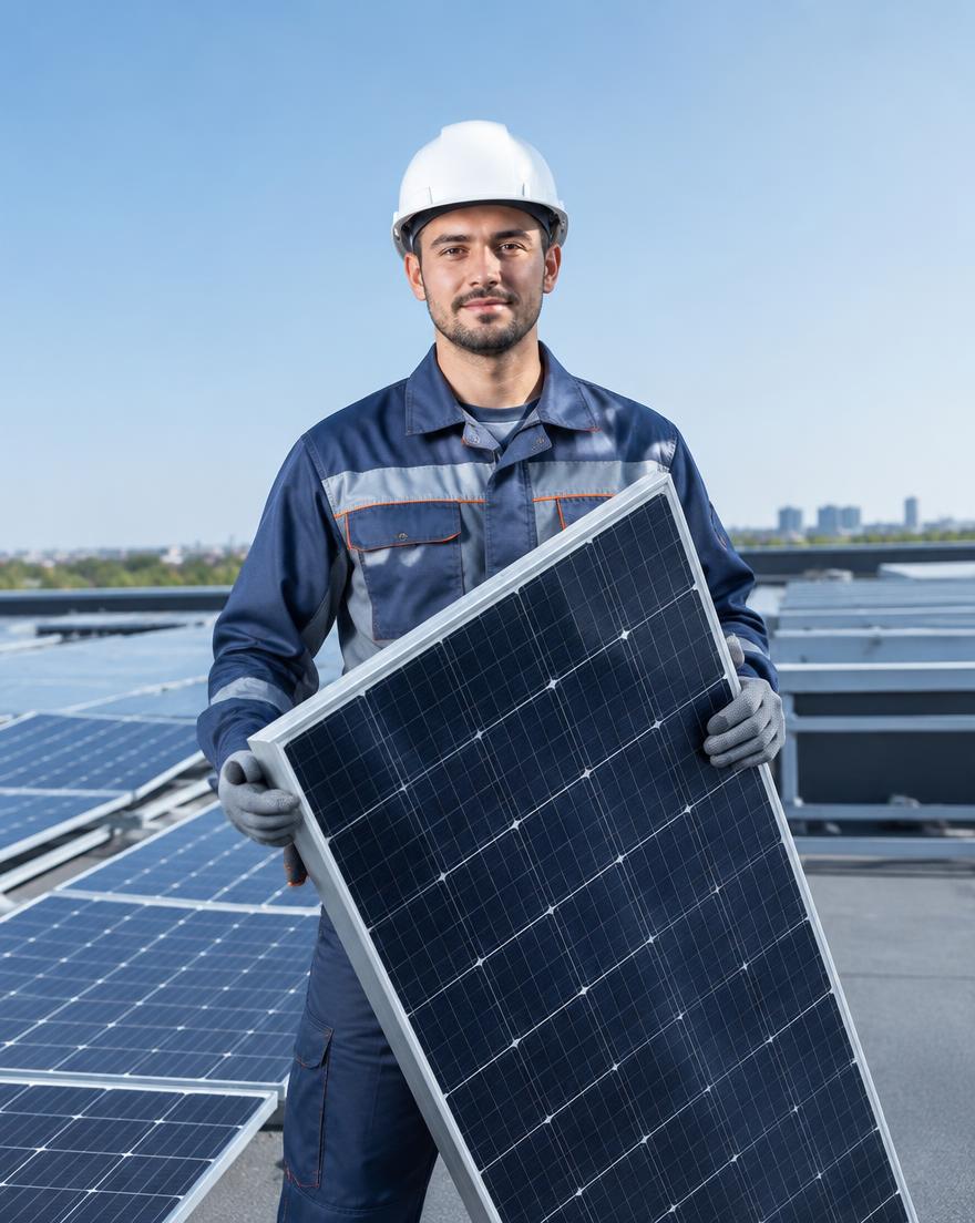 Solar technician holding a solar panel