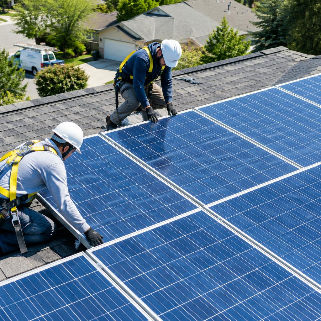 Workers installing rooftop solar panels on a home